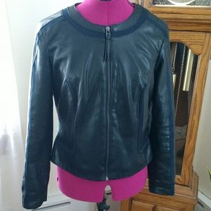 Worthington Vegan Black Leather Navy Trim Jacket SP